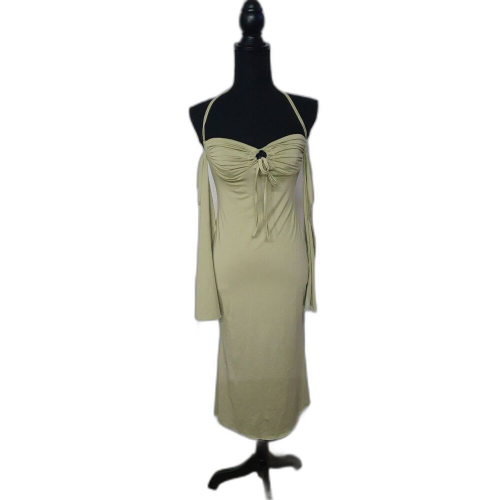 Women’s Size S Ruched Bodycon Maxi Dress Pale Yellow Green #517